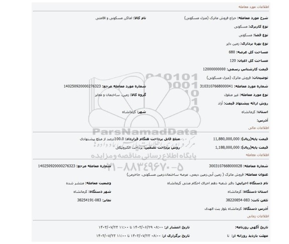 مزایده، فروش ماترک (منزل مسکونی)