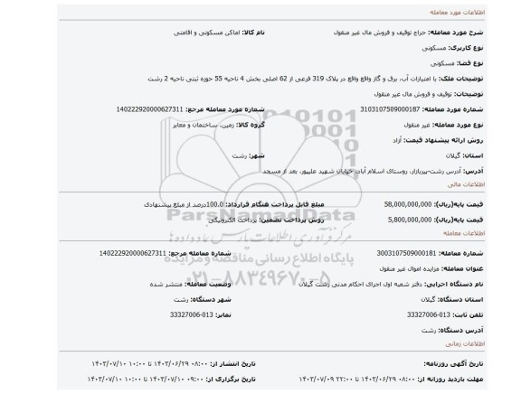 مزایده، توقیف و فروش مال غیر منقول