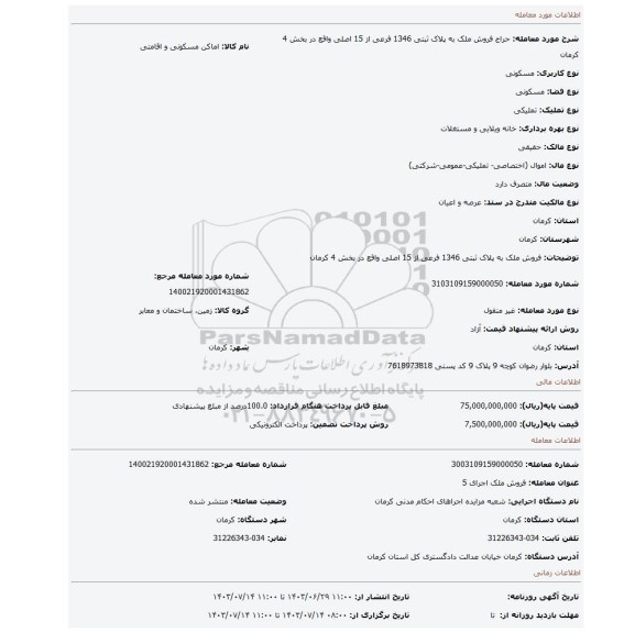 مزایده، فروش ملک به پلاک ثبتی 1346 فرعی از 15 اصلی واقع در بخش 4 کرمان
