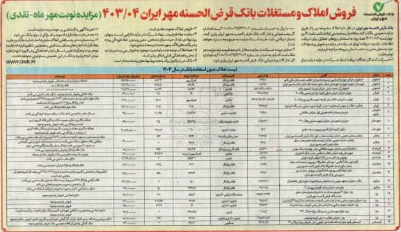 مزایده فروش املاک و مستغلات بانک