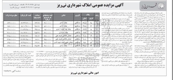 مزایده عمومی املاک / نوبت دوم