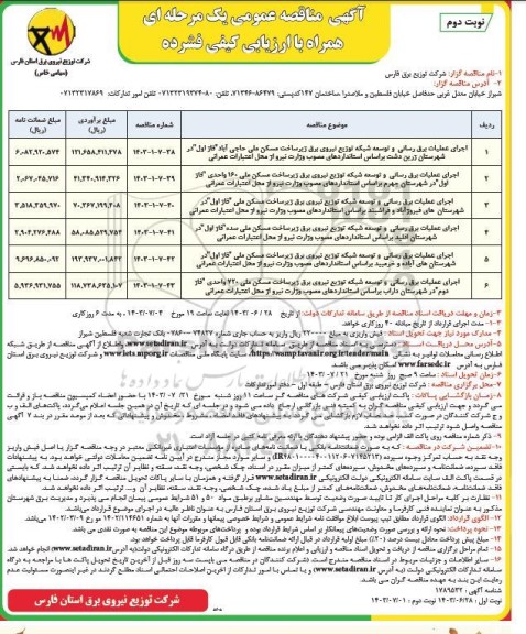 مناقصه اجرای عملیات برق رسانی و توسعه شبکه توزیع نیروی برق..../  نوبت دوم