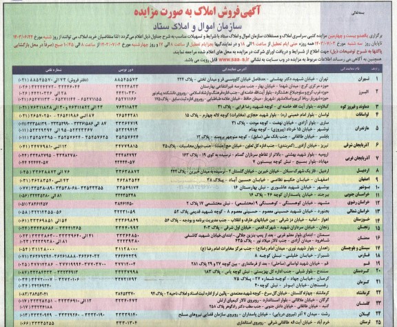 یکصد و بیست و چهارمین مزایده کتبی سراسری املاک و مستغلات