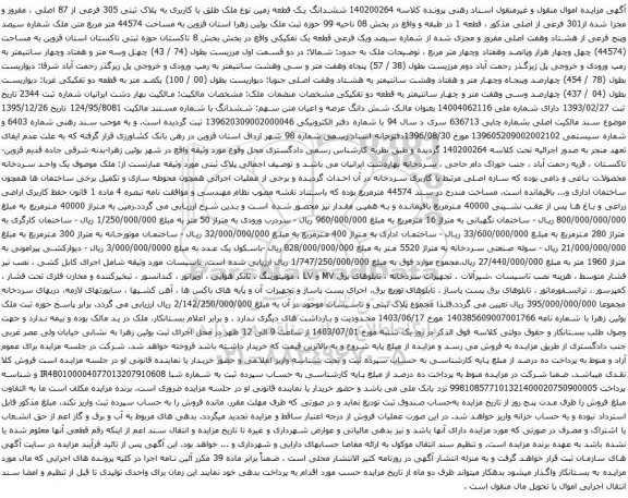 مزایده ششدانگ یک قطعه زمین نوع ملک طلق با کاربری به پلاک ثبتی 305 فرعی از 87 اصلی