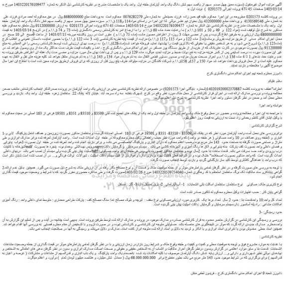 مزایده فروش سیزده ممیز چهل صدم سهم از یکصد سهم شش دانگ یک واحد آپارتمان طبقه اول واحد یک
