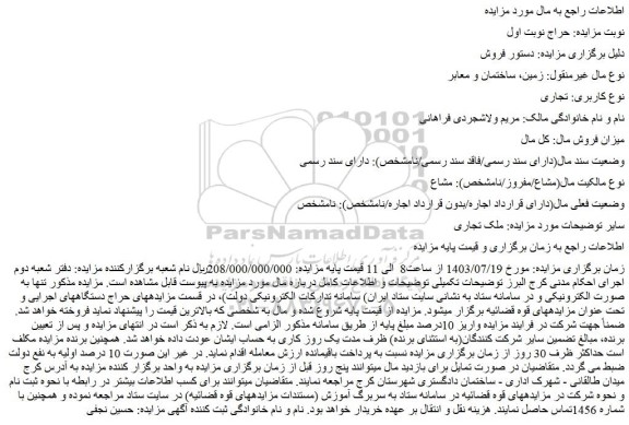 مزایده فروش ملک تجاری