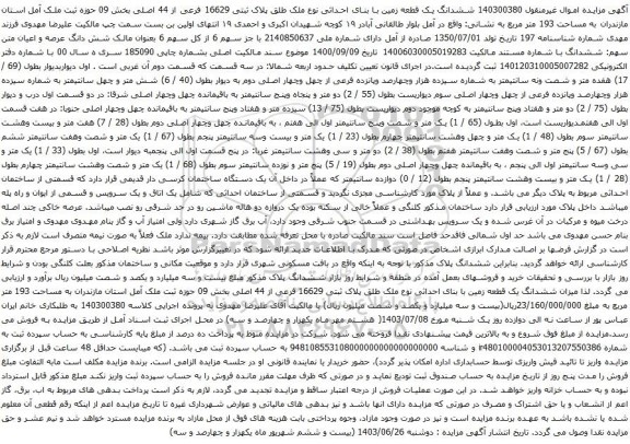 مزایده ششدانگ یک قطعه زمین با بنای احداثی نوع ملک طلق پلاک ثبتی 16629 فرعی از 44 اصلی