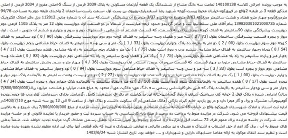 مزایده سه دانگ مشاع از ششدانگ یک قطعه آپارتمان مسکونی به پلاک 2039 فرعی از سنگ 5-اصلی مفروز از 2034 فرعی از اصلی