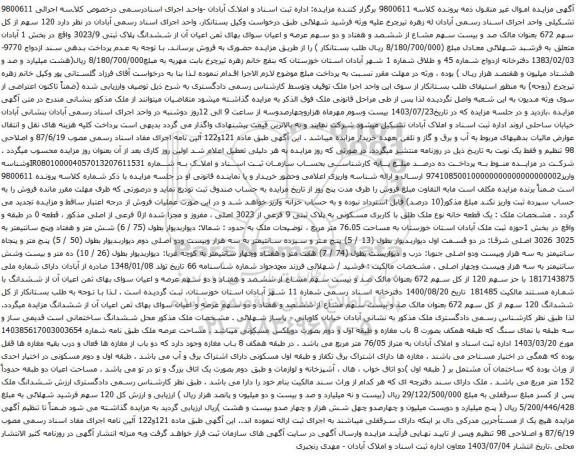 مزایده ششدانگ پلاک ثبتی 3023/9 واقع در بخش 1 آبادان