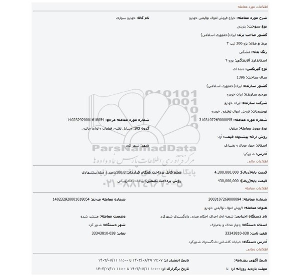 مزایده، فروش اموال توقیفی خودرو