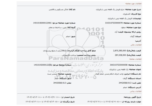 مزایده، فروش یک قطعه زمین شالیزاری