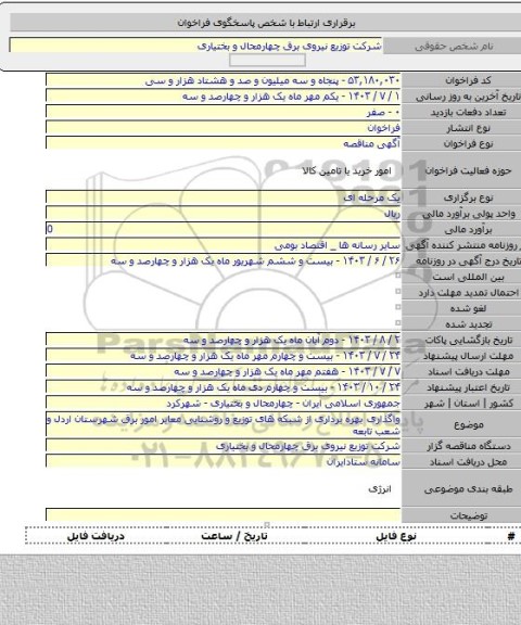 مناقصه, واگذاری بهره برداری از شبکه های توزیع و روشنایی معابر امور برق شهرستان اردل  و شعب تابعه