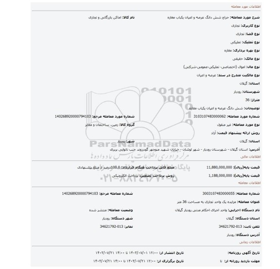 مزایده، شش دانگ عرصه و اعیان یکباب مغازه