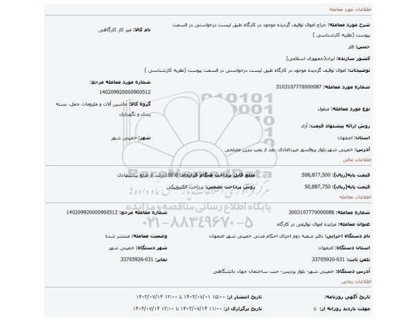 مزایده، اموال توقیف گردیده موجود در کارگاه طبق لیست درخواستی در قسمت پیوست (نظریه کارشناسی )