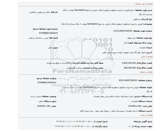 مزایده، فروش به میزان محکوم به وهزینه های اجرایی به مبلغ 564406500 تومان 1 دانگ مشاع از 6 دانگ