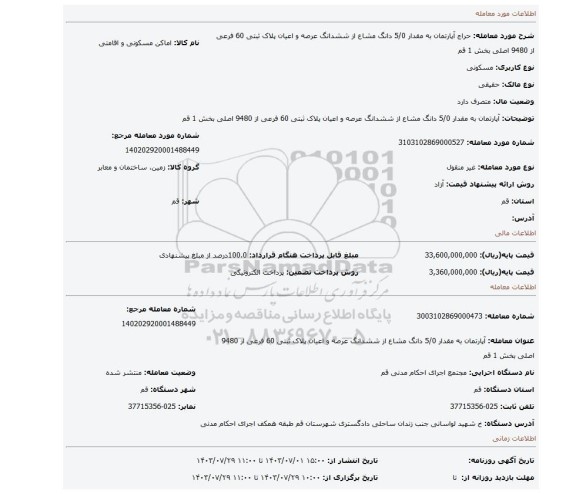 مزایده،  آپارتمان به مقدار 5/0 دانگ مشاع از ششدانگ عرصه و اعیان پلاک ثبتی 60 فرعی از 9480 اصلی بخش 1 قم