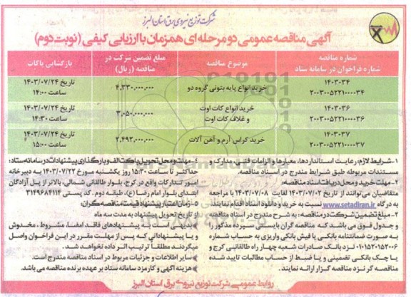 مناقصه خرید انواع پایه بتونی گروه دو و... نوبت دوم 