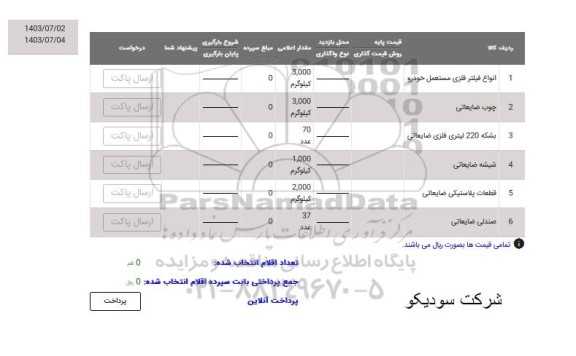 مزایده انواع فیلتر فلزی مستعمل خودرو ...