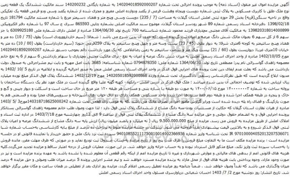 مزایده ششدانگ یک قطعه زمین نوع ملک طلق با کاربری مسکونی به پلاک ثبتی شماره دویست وپنجاه وهشت فرعی از یکصد ودوازده اصلی