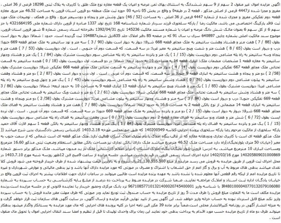 مزایده عرصه و اعیان یک قطعه مغازه نوع ملک طلق با کاربری به پلاک ثبتی 18298 فرعی از 36 اصلی