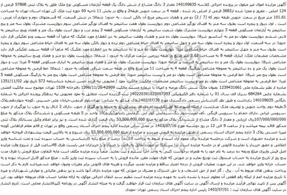 مزایده 3 دانگ مشاع از شش دانگ یک قطعه آپارتمان مسکونی نوع ملک طلق به پلاک ثبتی 57868 فرعی از 124 اصلی 