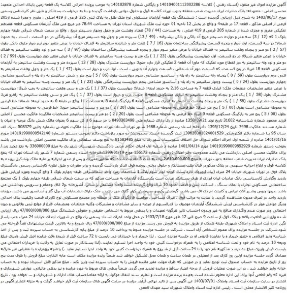 مزایده ششدانگ یک قطعه آپارتمان مسکونی نوع ملک طلق به پلاک ثبتی 225 فرعی از 419 اصلی