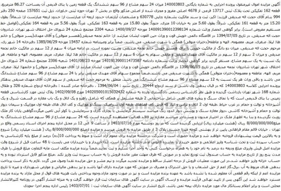 مزایده ششدانگ یک قطعه زمین با بنای قدیمی آن بمساحت 86.27 مترمربع، قطعه 162 تفکیکی تحت پلاک ثبتی 13717 فرعی 