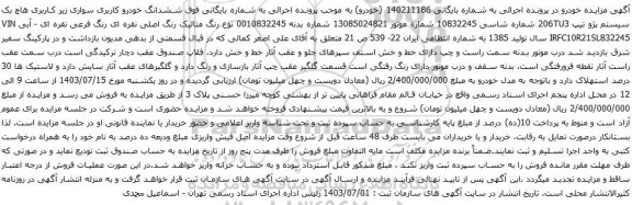 مزایده سواری زیر کاربری هاچ بک سیستم پژو تیپ 206TU3 