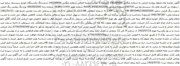 مزایده سواری زیر کاربری هاچ بک سیستم پژو تیپ 206TU5 