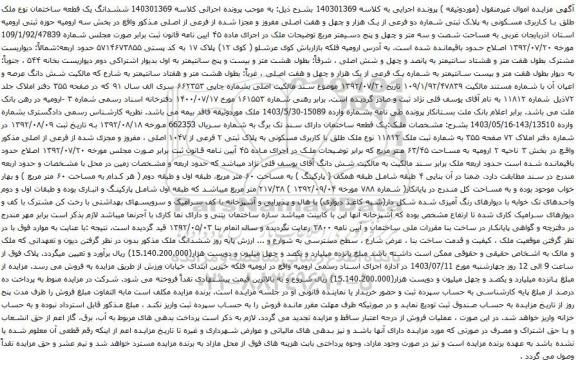 مزایده ششدانگ یک قطعه ساختمان نوع ملک طلق با کاربری مسکونی به پلاک ثبتی شماره دو فرعی از یک هزار و چهل و هفت اصلی 