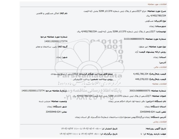مزایده، 22/7شعیر از پلاک ثبتی شماره 11370از 5299 بخش 1به قیمت 4/492/780/334 ریال