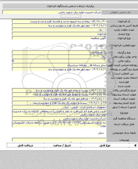 مناقصه, خرید لباس فرم کار (پیراهن، شلوار و کاپشن) استحقاقی کارکنان شرکت مدیریت تولید برق شهید رجایی