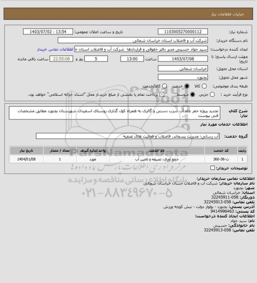 استعلام تجدید پروژه حفر چاه آب شرب دستی و گالری به همراه کول گذاری روستای اسفیدان شهرستان بجنورد مطابق مشخصات فنی پیوست