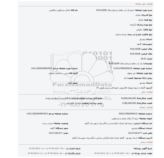 مزایده، یک باب مغازه بشماره پلاک 915/16258