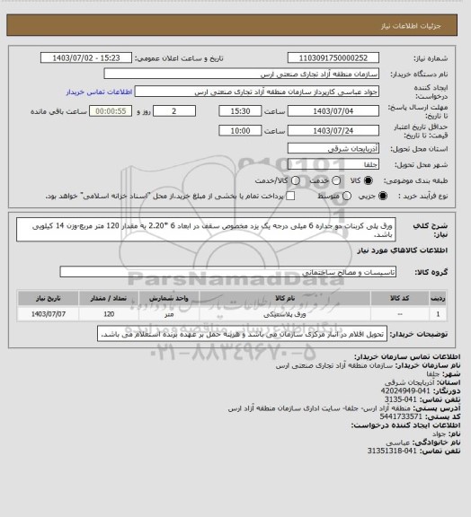 استعلام ورق پلی کربنات دو جداره 6 میلی درجه یک یزد مخصوص سقف در ابعاد 6 *2.20 به مقدار 120 متر مربع-وزن 14 کیلویی باشد.