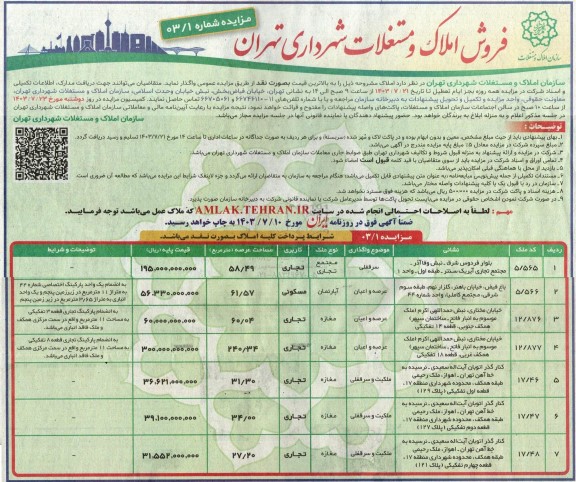 مزایده فروش املاک و مستغلات کاربری تجاری و مسکونی