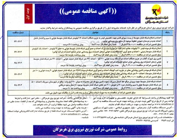 مناقصه احداث و اصلاح شبکه فشار متوسط ...