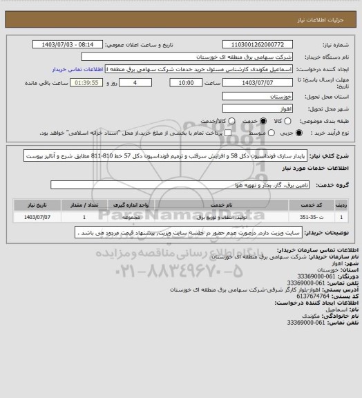 استعلام پایدار سازی فونداسیون دکل 58 و افزایش سرقلب و ترمیم فونداسیون دکل 57 خط 810-811 مطابق شرح و آنالیز پیوست