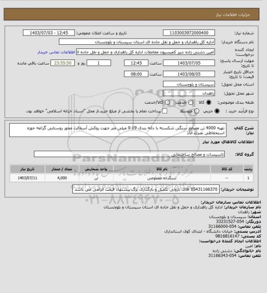 استعلام تهیه 4000 تن مصالح سنگی شکسته با دانه بندی 19-0 میلی متر جهت روکش آسفالت محور روستایی گراغه حوزه استحفاظی نصرت آباد