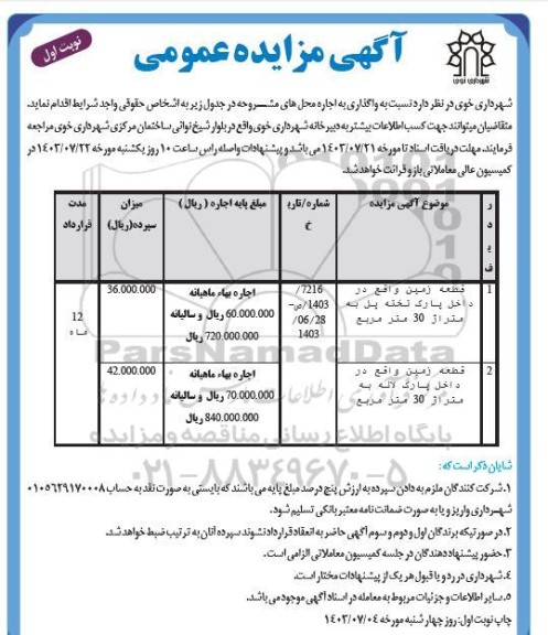 مزایده واگذاری به اجاره محل های قطعه زمین واقع در داخل پارک تخته پل....