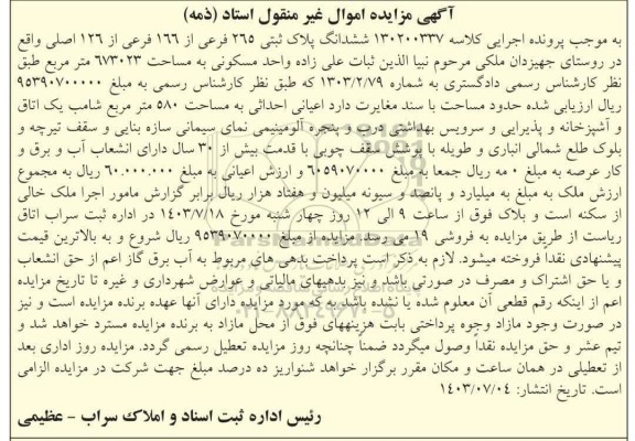 مزایده فروش ششدانگ پلاک ثبتی 265 فرعی از 166 فرعی از 126 اصلی واحد مسکونی