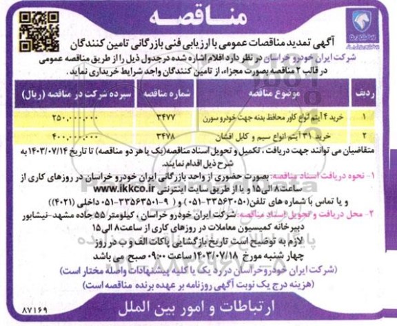 تمدید مناقصه خرید 4 آیتم انواع کاور محافظ بدنه جهت خودرو سورن ...