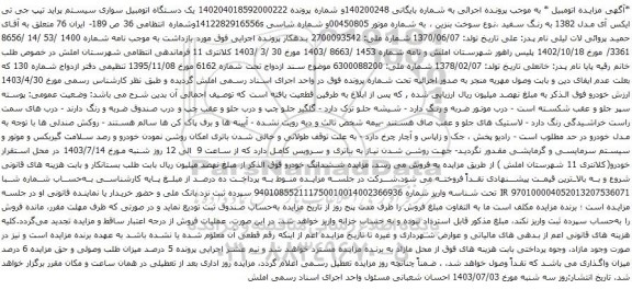 مزایده یک دستگاه اتومبیل سواری سیستم پراید تیپ جی تی ایکس آی مدل 1382