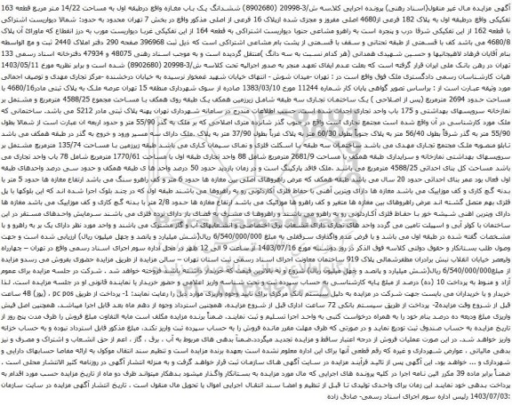 آگهی مزایده ششدانگ یک باب مغازه واقع درطبقه اول به مساحت 14/22 متر مربع قطعه 163 تفکیکی