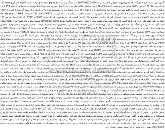 آگهی مزایده ششدانگ یک باب مغازه واقع درطبقه اول به مساحت 11/66 متر مربع قطعه 160 تفکیکی به پلاک 179 فرعی از4680 اصلی مفروز و مجزی شده ازپلاک 16 فرعی از اصلی