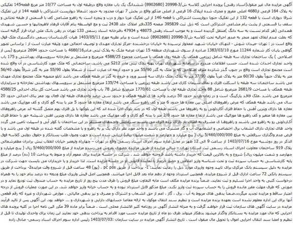 مزایده ششدانگ یک باب مغازه واقع درطبقه اول به مساحت 10/77 متر مربع قطعه145 تفکیکی به پلاک 164