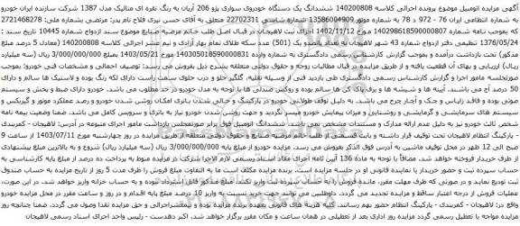 آگهی مزایده ششدانگ یک دستگاه خودروی سواری پژو 206 آریان