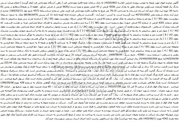مزایده شش دانگ یک قطعه آپارتمان مسکونی نوع ملک طلق به پلاک ثبتی 9336 فرعی از 43 اصلی