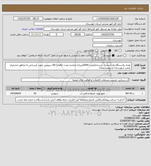 استعلام تعداد یکدستگاه وانت نیسان آبرسان(مخزن 2000لیتری)  باراننده بمدت (6ماه)  60 سرویس جهت آبرسانی  به مناطق عشایری تلبمن شهرستان مسجدسلیمان
