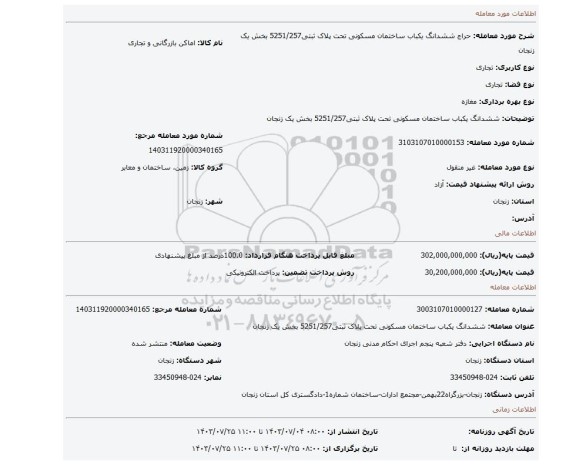 مزایده، ششدانگ یکباب ساختمان مسکونی تحت پلاک ثبتی5251/257  بخش یک زنجان